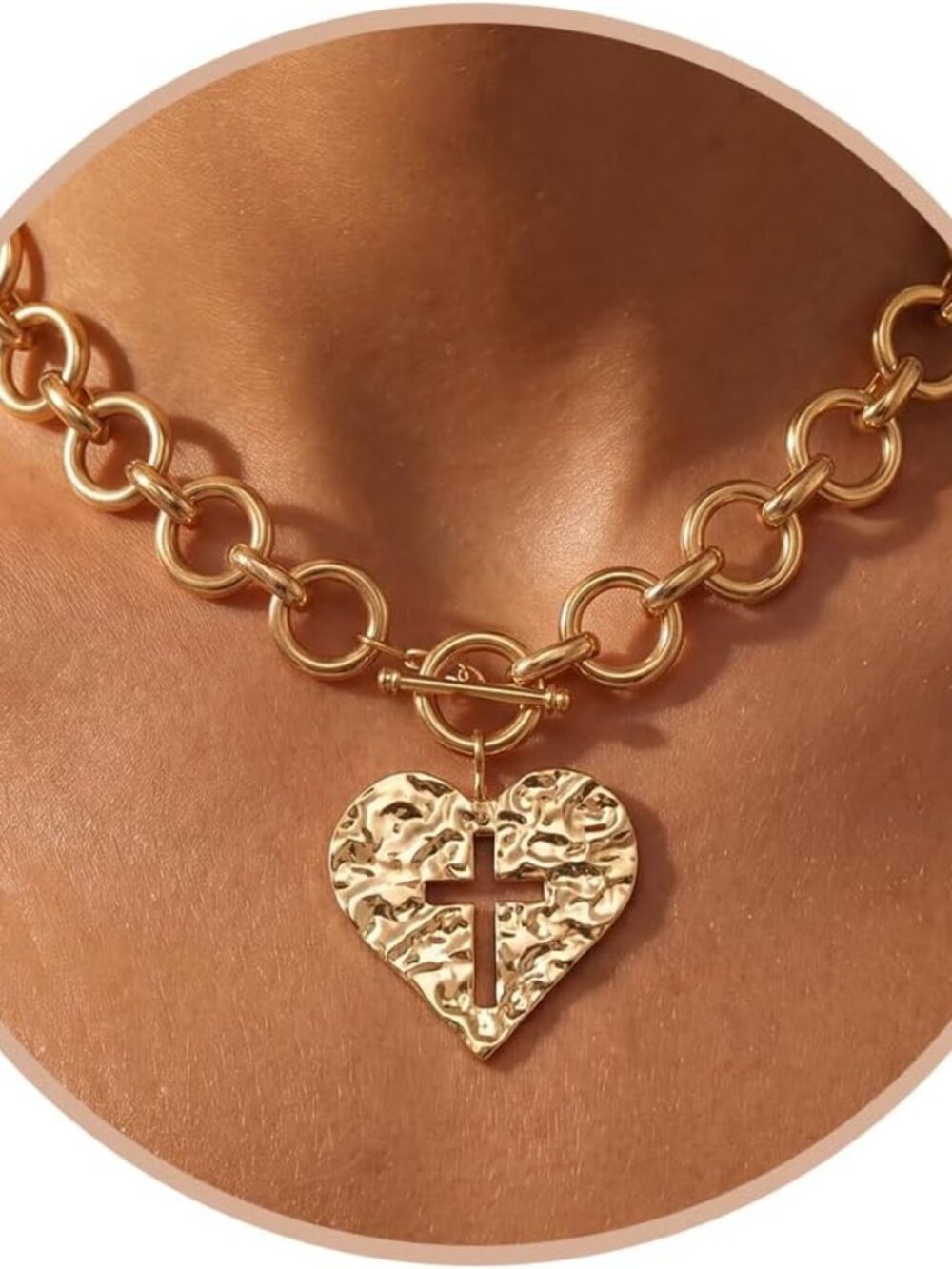 Gold Chunky Cross Necklace for Women Hammered Chunky Necklaces | 14K Gold Plated - Picture 1 of 6
